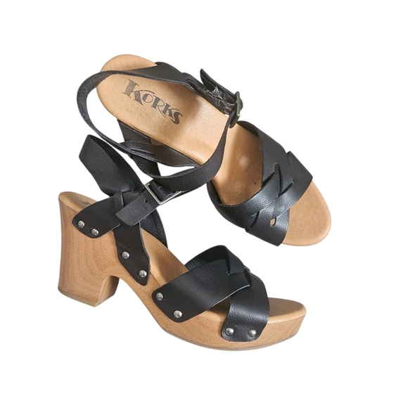 KORKS Bagley Black Leather Platform Sandals - Wood Grain Heel - Size 8M - Picture 2 of 7